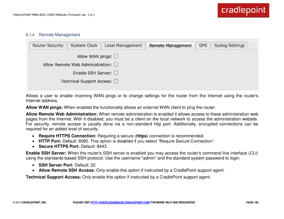 Cradlepoint MBR1400LE manual Remote Management, ∙ Secure Https Port Default, ∙ SSH Server Port Default 