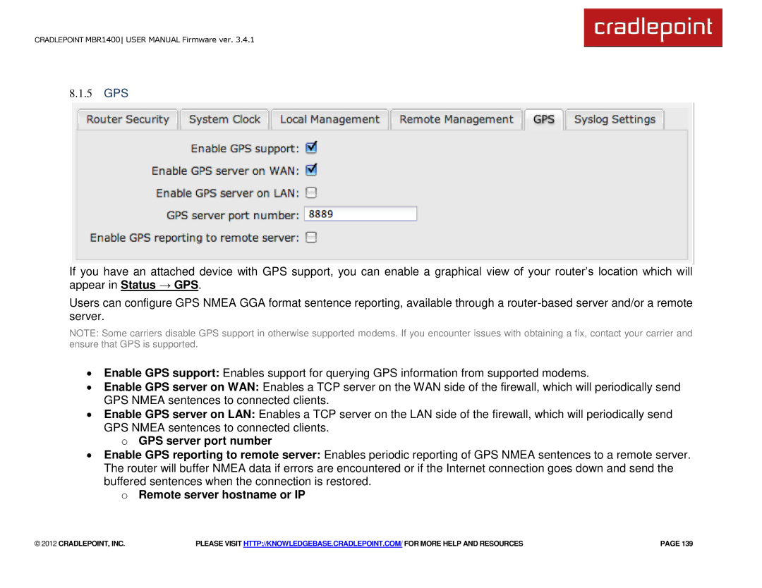 Cradlepoint MBR1400LE manual 5 GPS, GPS server port number, Remote server hostname or IP 