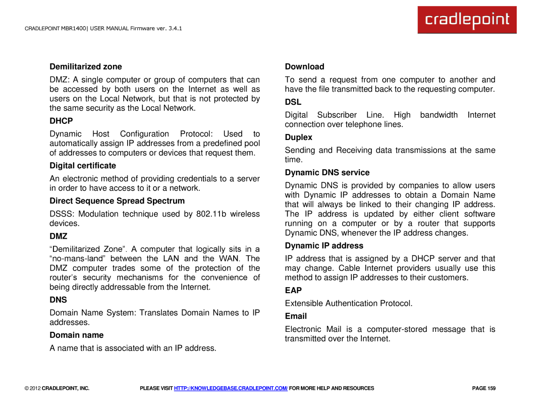 Cradlepoint MBR1400LE manual Dhcp, Dmz, Dns, Dsl, Eap 