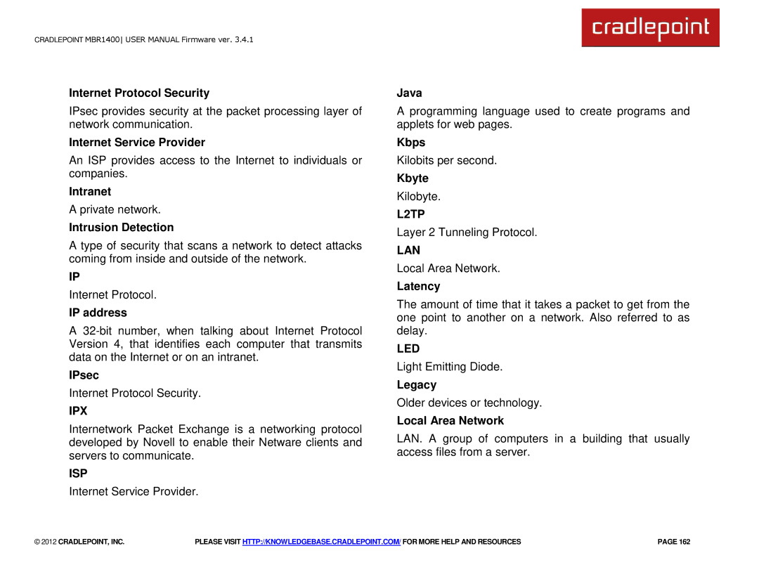 Cradlepoint MBR1400LE manual Ipx, Isp, L2TP, Lan, Led 