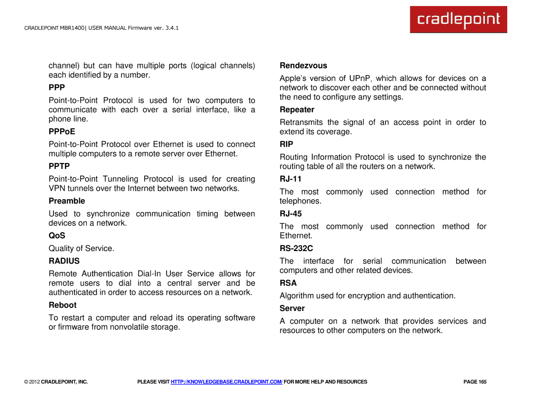 Cradlepoint MBR1400LE manual Ppp, Pptp, Radius, Rip, Rsa 