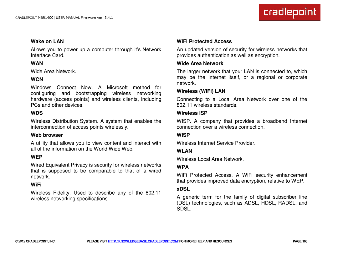 Cradlepoint MBR1400LE manual Wan, Wcn, Wds, Wep, Wisp, Wlan, Wpa 