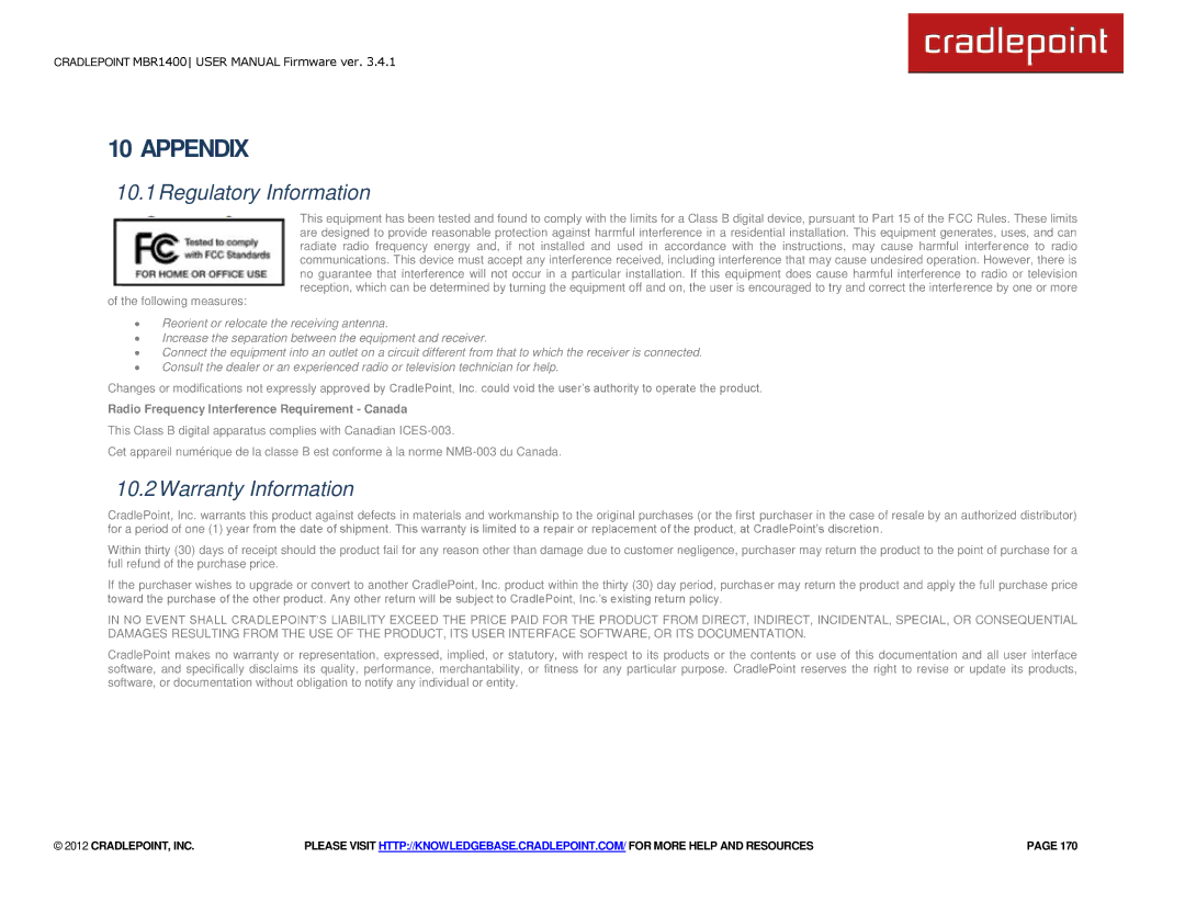 Cradlepoint MBR1400LE manual Regulatory Information, Warranty Information 