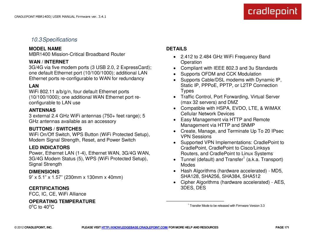 Cradlepoint MBR1400LE manual Specifications 