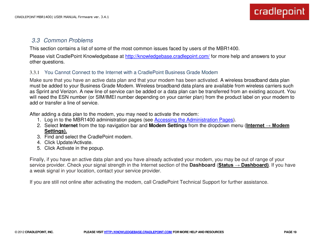 Cradlepoint MBR1400LE manual Common Problems, Settings 