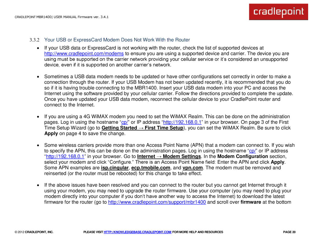 Cradlepoint MBR1400LE manual Your USB or ExpressCard Modem Does Not Work With the Router 