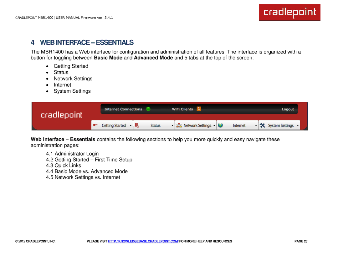 Cradlepoint MBR1400LE manual WEB Interface -- Essentials 