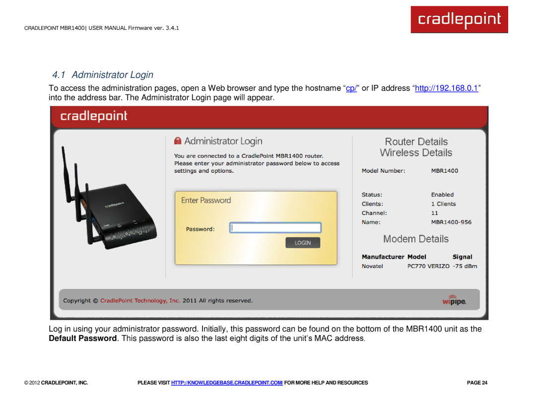 Cradlepoint MBR1400LE manual Administrator Login 