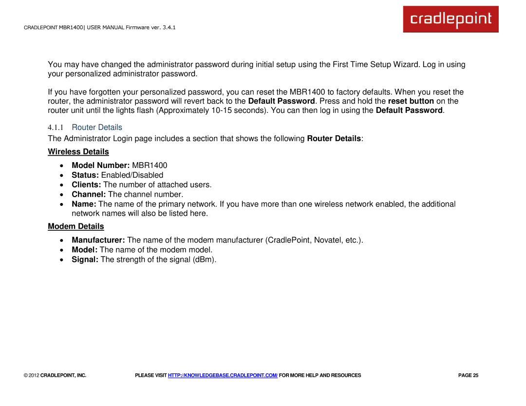 Cradlepoint MBR1400LE manual Router Details, Wireless Details ∙ Model Number MBR1400, Modem Details 