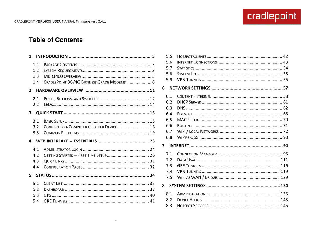 Cradlepoint MBR1400LE manual Table of Contents 