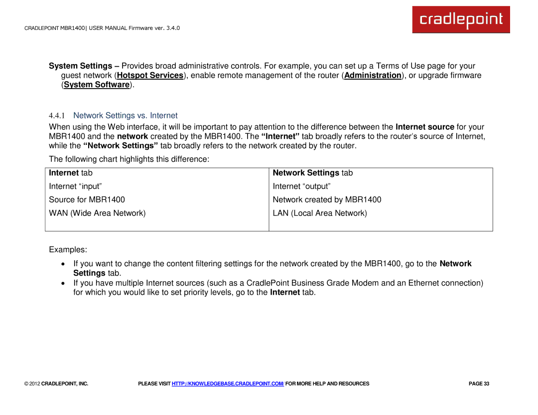 Cradlepoint MBR1400LE manual Network Settings vs. Internet, Internet tab Network Settings tab 