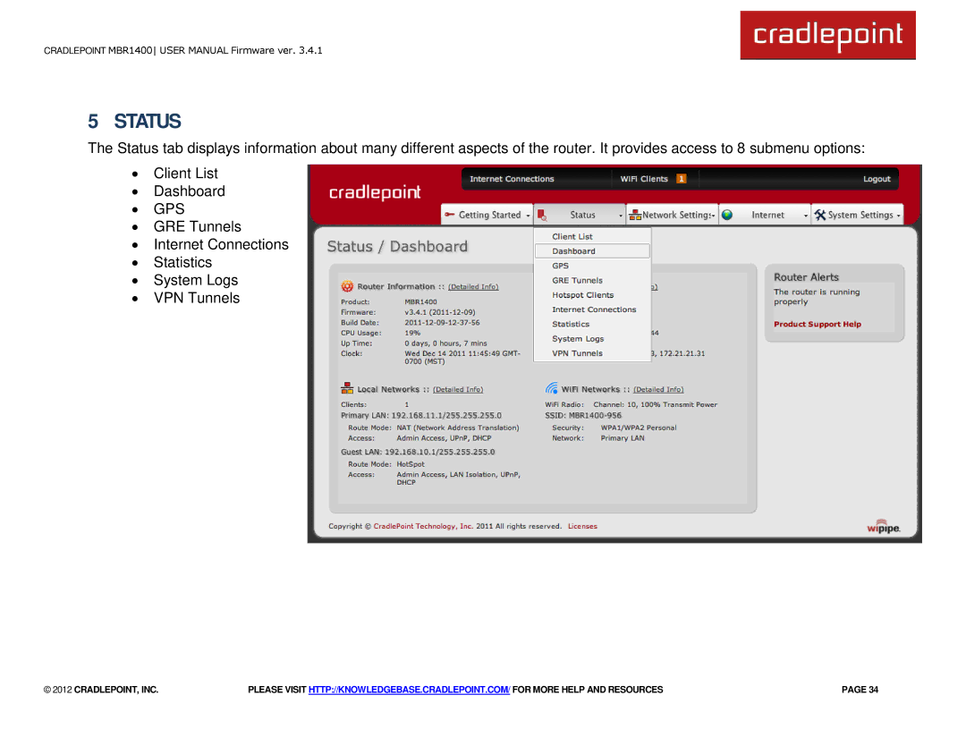 Cradlepoint MBR1400LE manual Status 