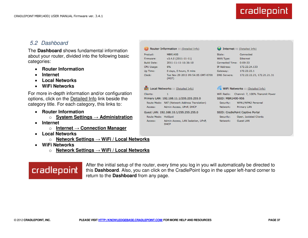 Cradlepoint MBR1400LE manual Dashboard 