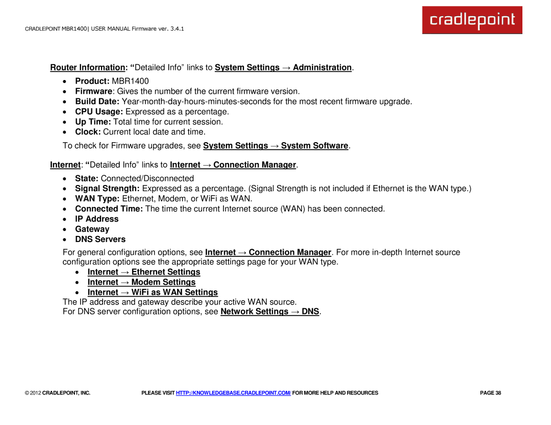 Cradlepoint MBR1400LE manual ∙ IP Address ∙ Gateway ∙ DNS Servers 