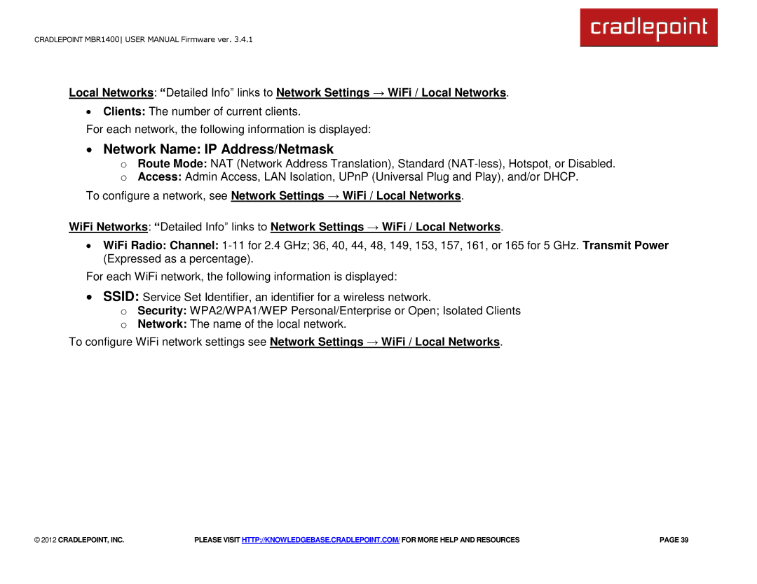 Cradlepoint MBR1400LE manual ∙ Network Name IP Address/Netmask 