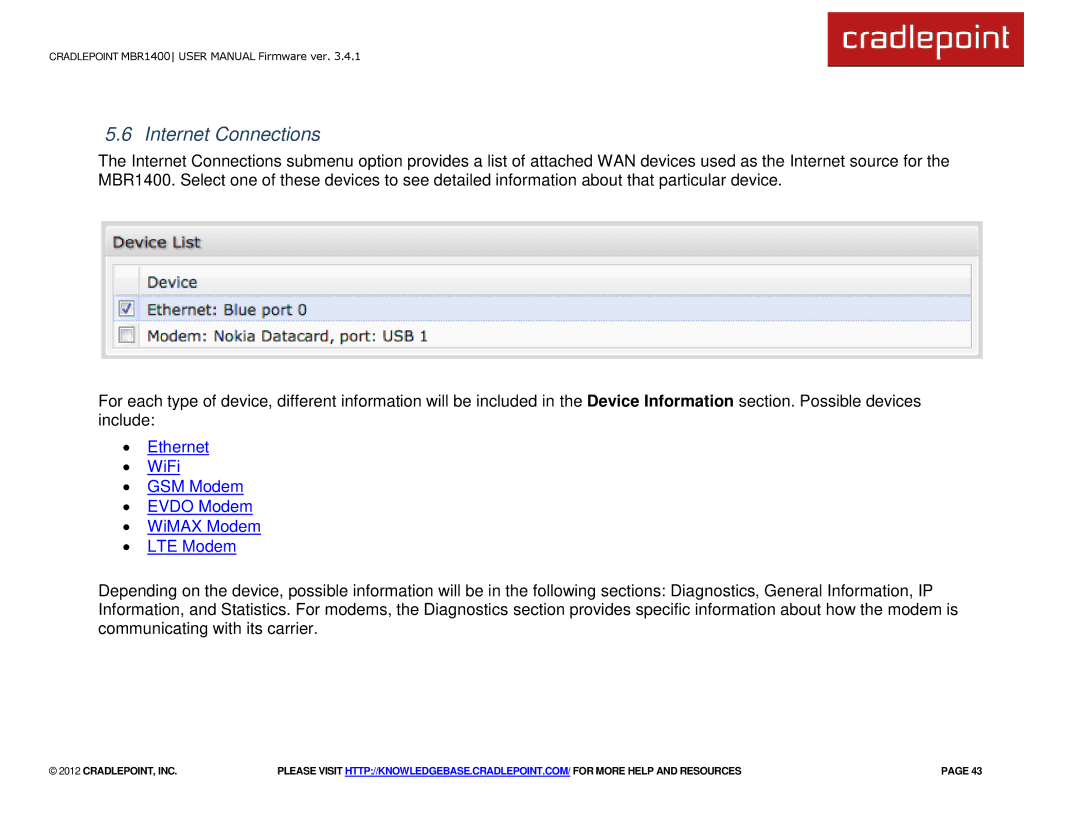 Cradlepoint MBR1400LE manual Internet Connections 