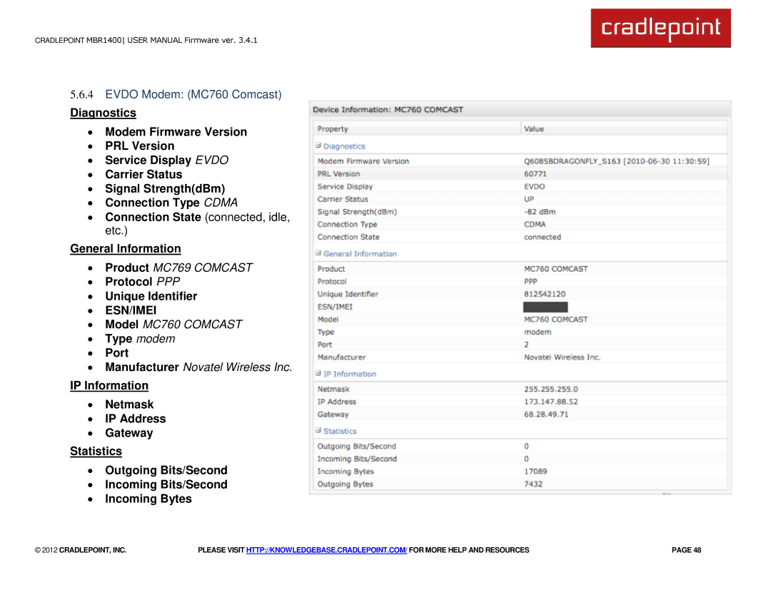 Cradlepoint MBR1400LE manual Evdo Modem MC760 Comcast, ∙ Type modem ∙ Port 