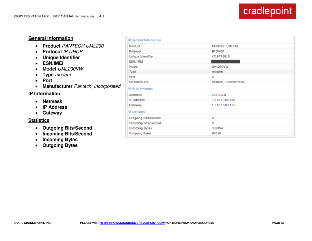 Cradlepoint MBR1400LE manual General Information, ∙ Protocol IP Dhcp ∙ Unique Identifier 