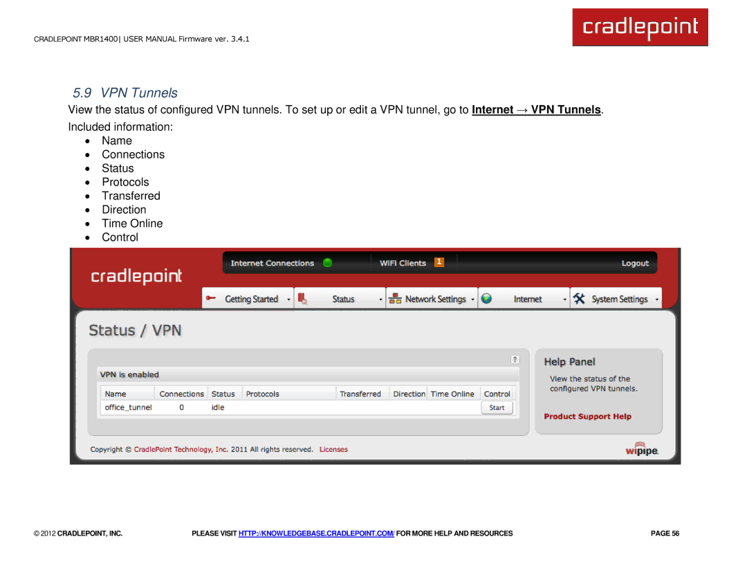 Cradlepoint MBR1400LE manual VPN Tunnels 