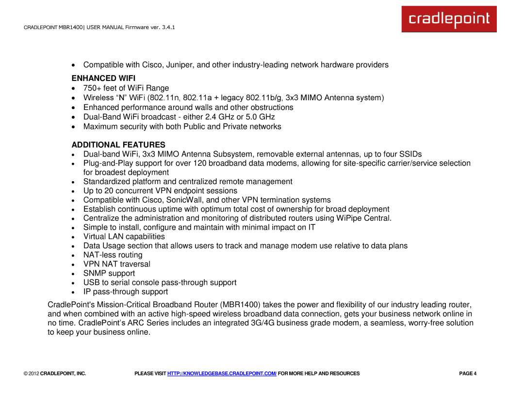 Cradlepoint MBR1400LE manual Enhanced Wifi, Additional Features 