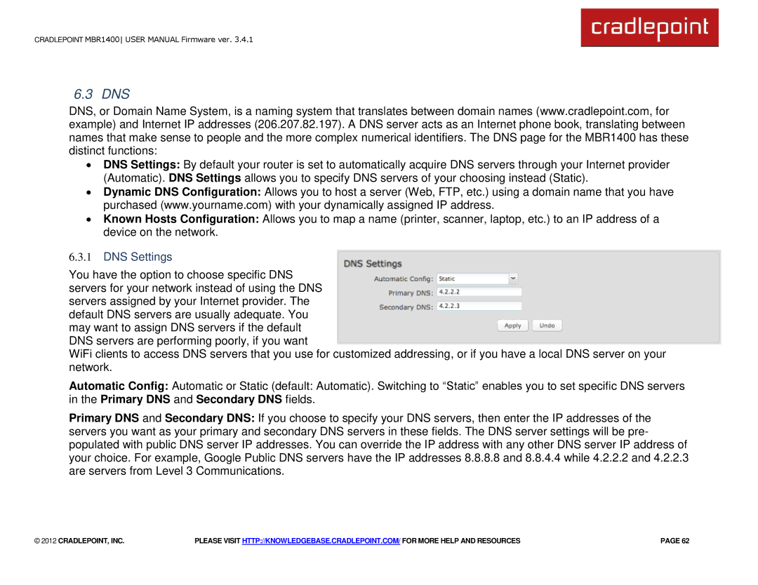 Cradlepoint MBR1400LE manual Dns, DNS Settings 