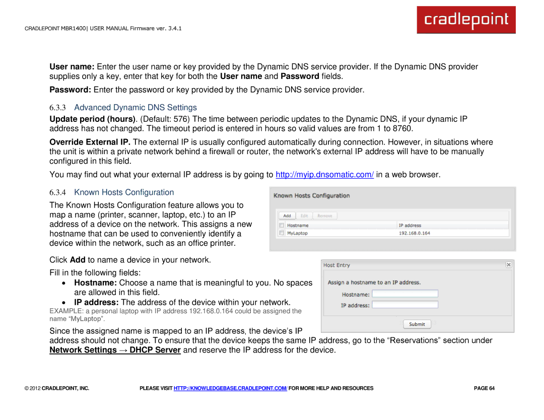 Cradlepoint MBR1400LE manual Advanced Dynamic DNS Settings, Known Hosts Configuration 