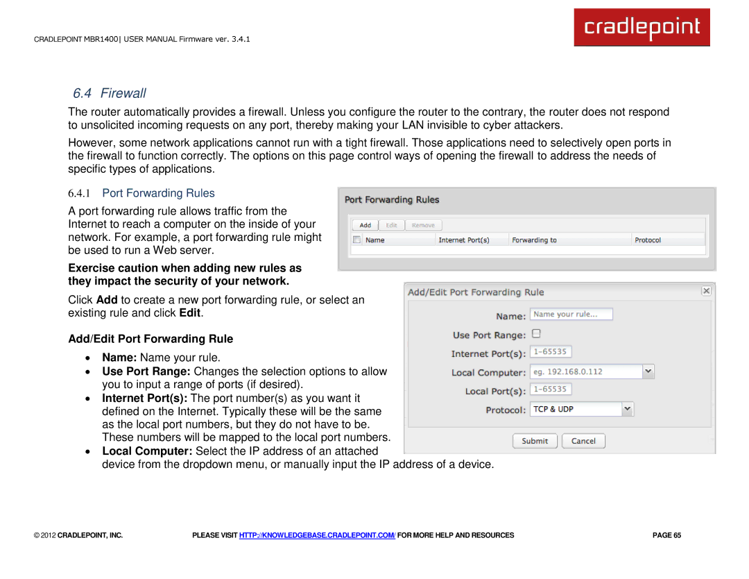 Cradlepoint MBR1400LE manual Firewall, Port Forwarding Rules, Add/Edit Port Forwarding Rule 