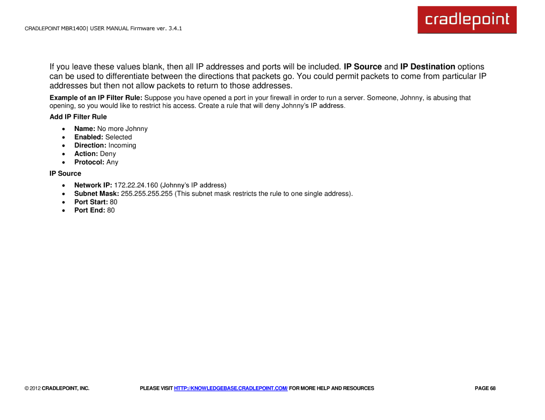 Cradlepoint MBR1400LE manual Add IP Filter Rule 