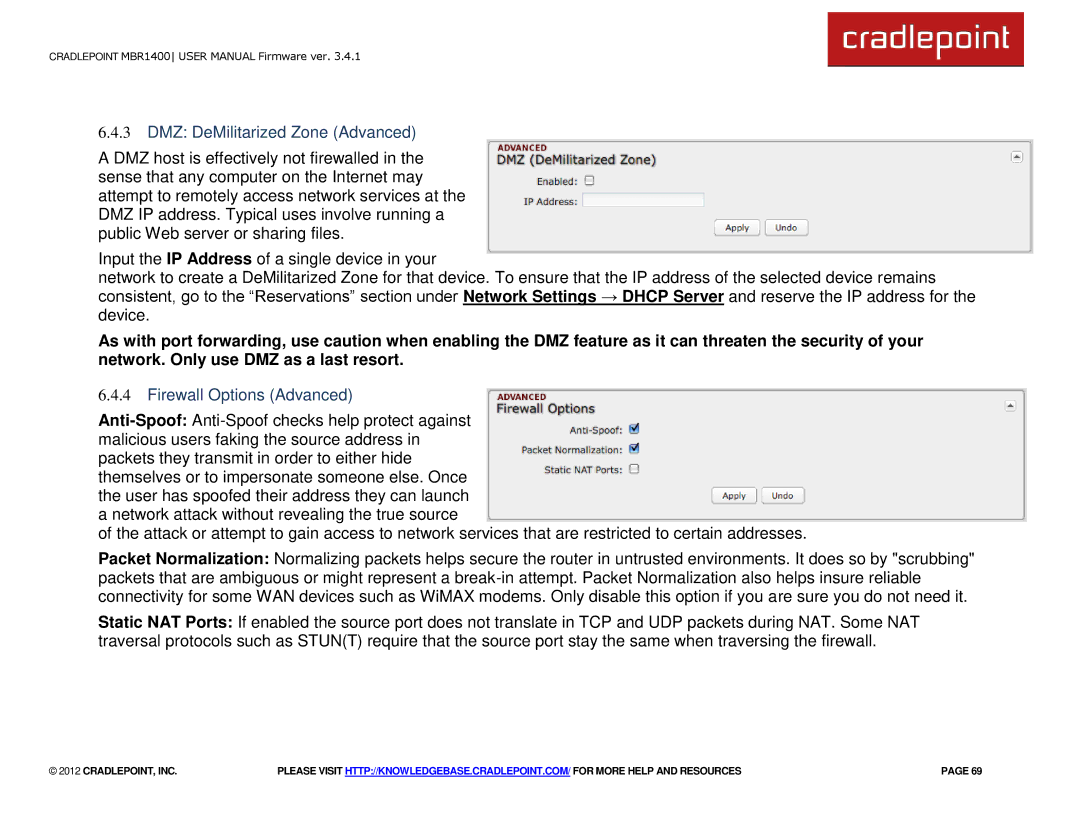 Cradlepoint MBR1400LE manual DMZ DeMilitarized Zone Advanced, Firewall Options Advanced 