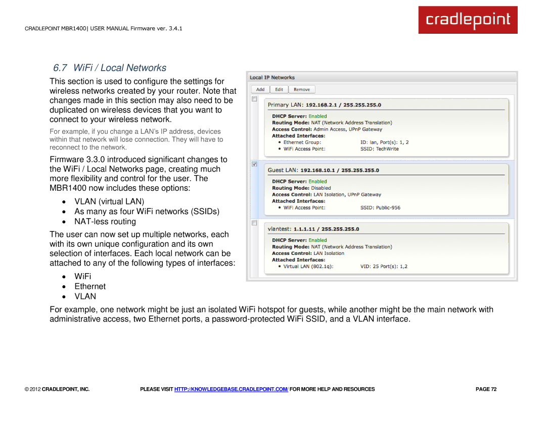 Cradlepoint MBR1400LE manual WiFi / Local Networks, ∙ Vlan 