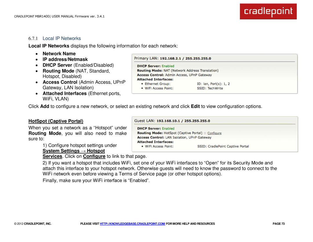 Cradlepoint MBR1400LE manual Local IP Networks, ∙ Network Name ∙ IP address/Netmask, HotSpot Captive Portal 