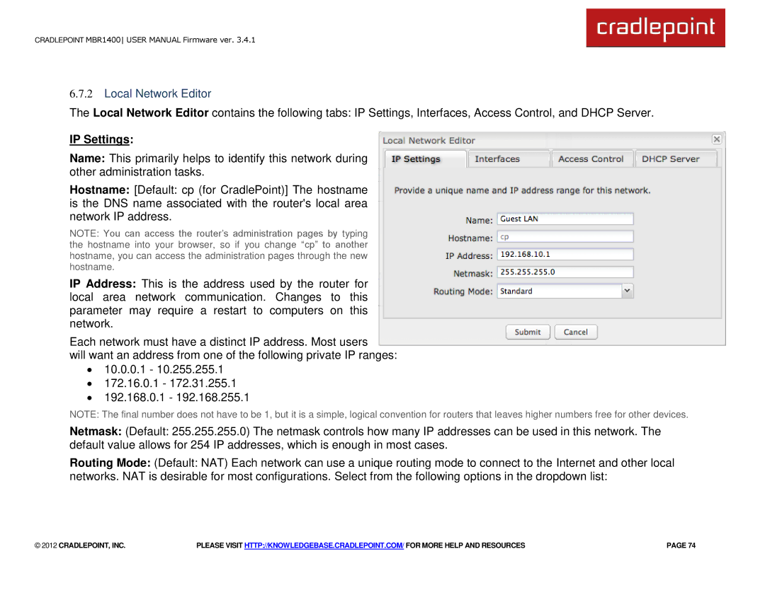 Cradlepoint MBR1400LE manual Local Network Editor, IP Settings 