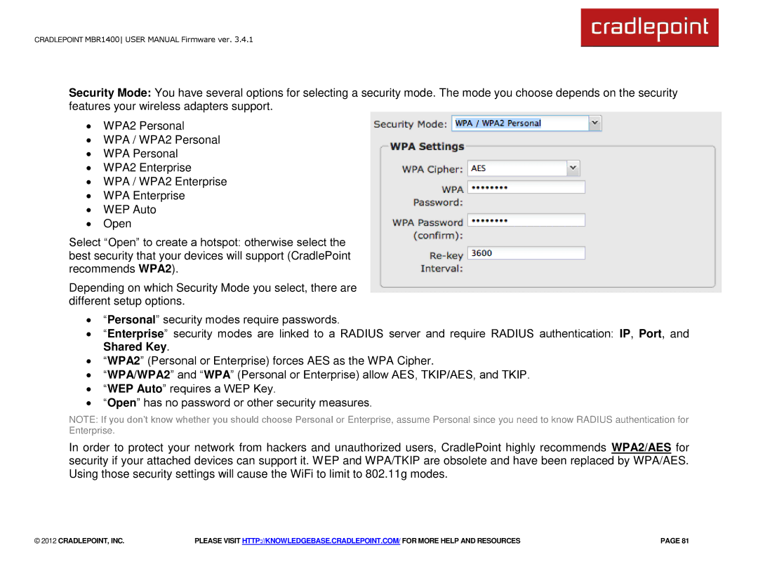 Cradlepoint MBR1400LE manual Cradlepoint, Inc 