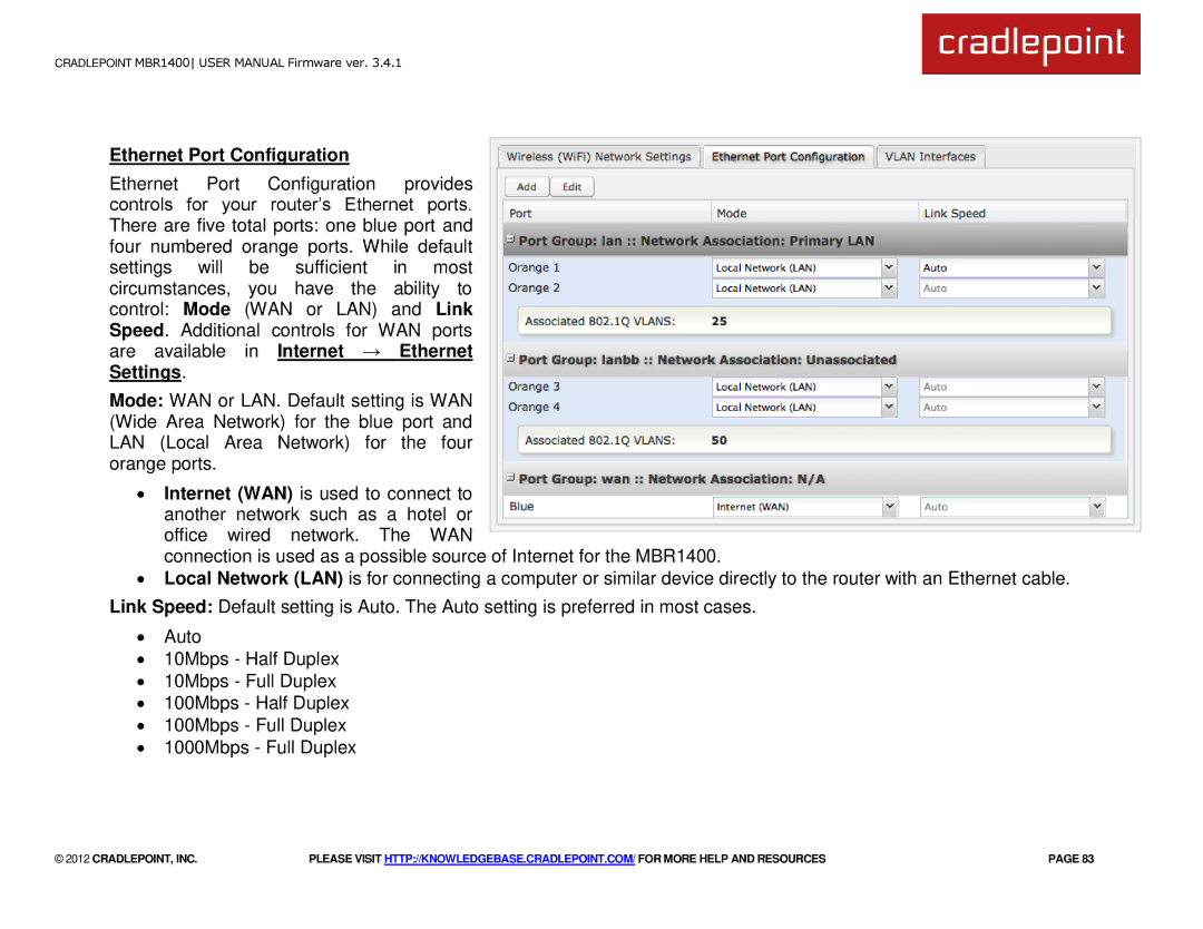 Cradlepoint MBR1400LE manual Ethernet Port Configuration 