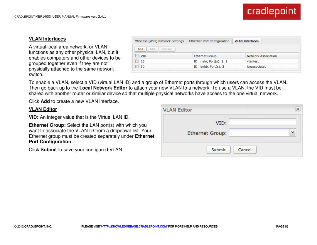 Cradlepoint MBR1400LE manual Vlan Interfaces, Vlan Editor 