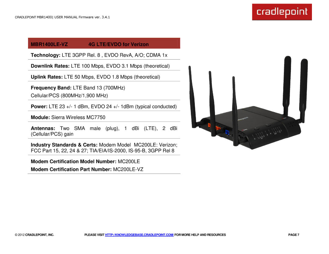 Cradlepoint manual MBR1400LE-VZ 4G LTE/EVDO for Verizon 