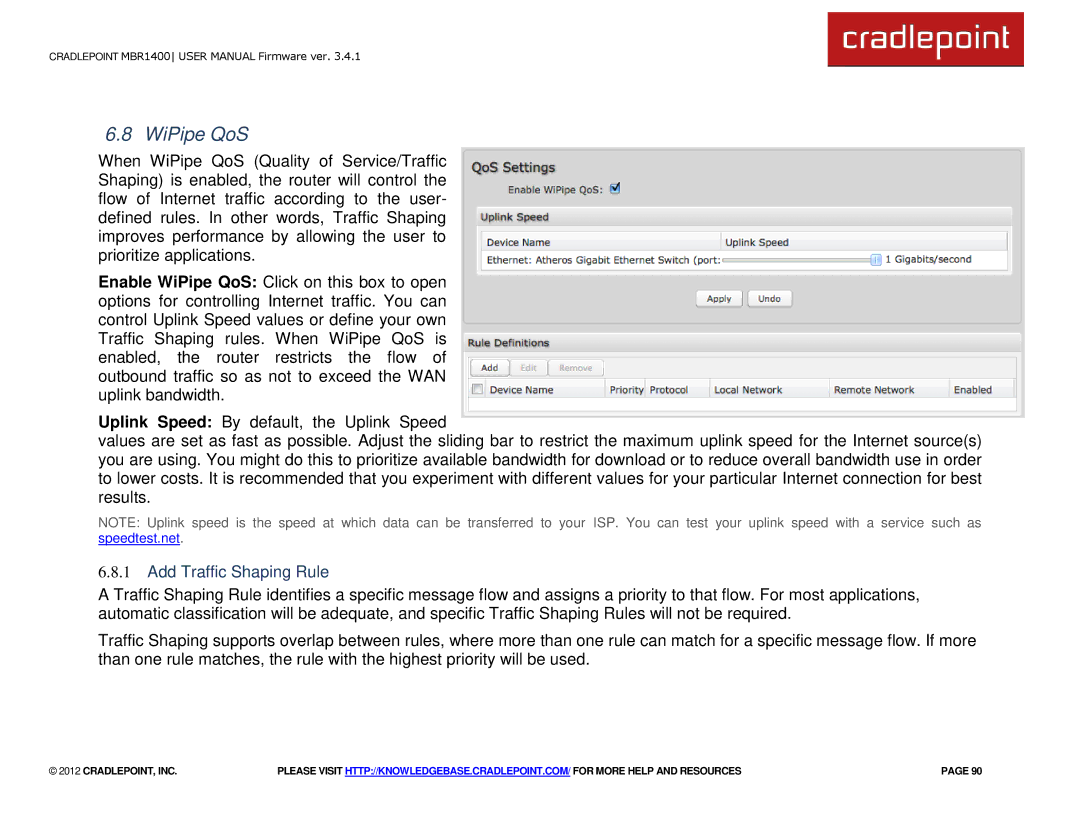 Cradlepoint MBR1400LE manual WiPipe QoS, Add Traffic Shaping Rule 