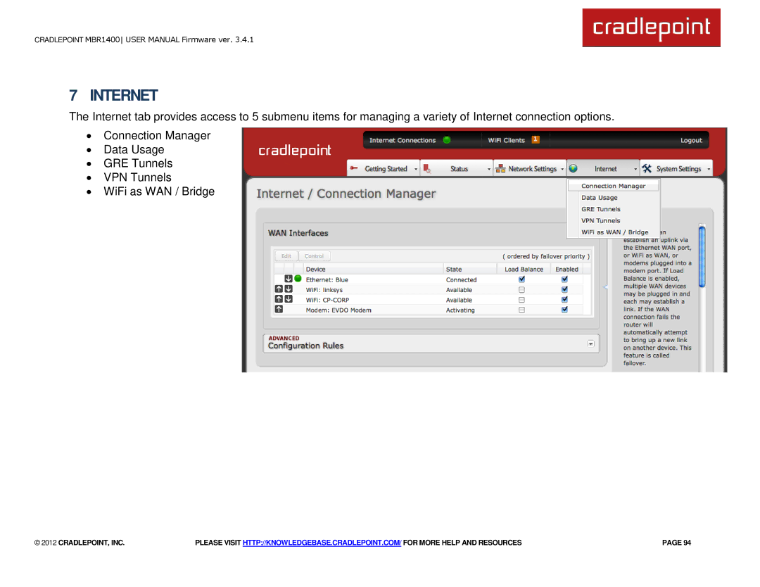 Cradlepoint MBR1400LE manual Internet 