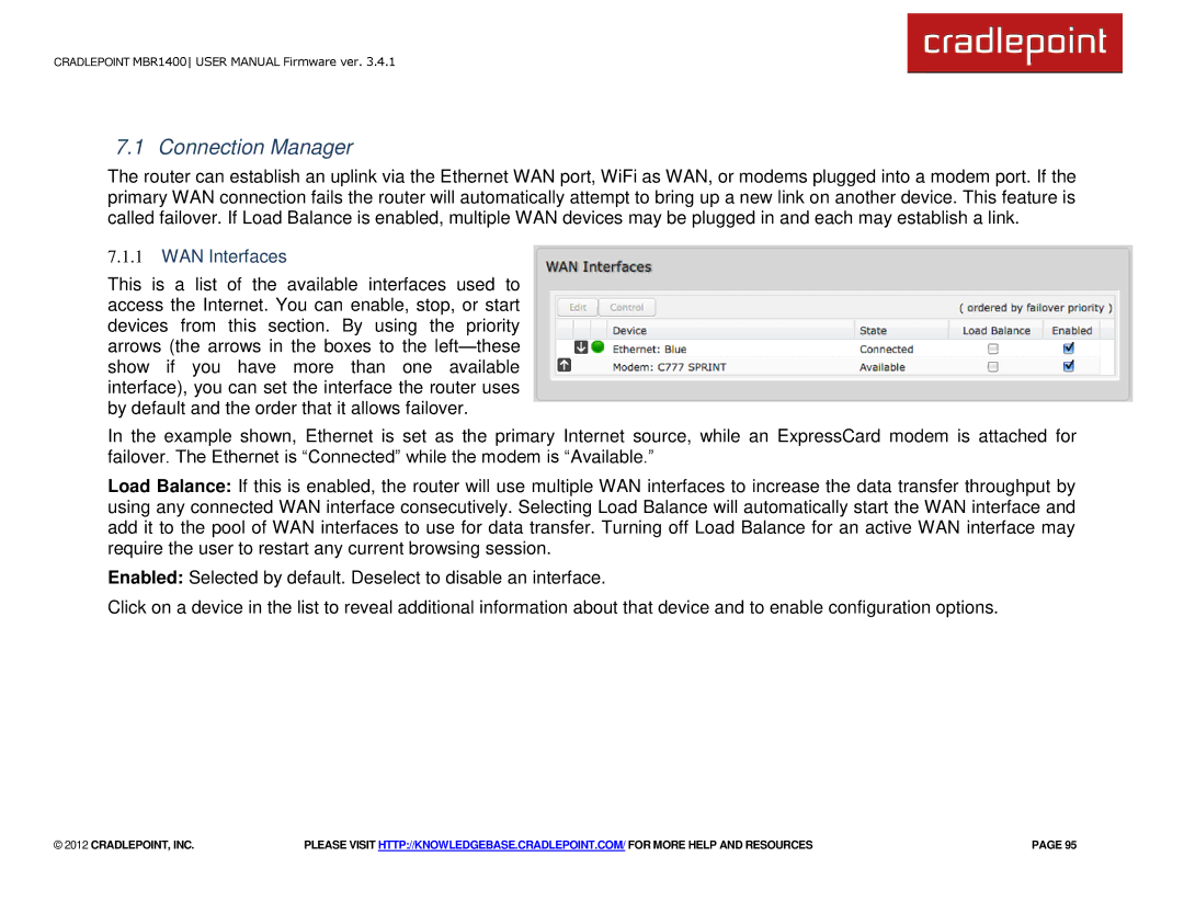 Cradlepoint MBR1400LE manual Connection Manager, WAN Interfaces 