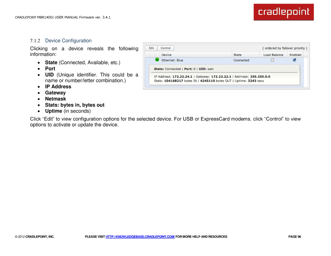 Cradlepoint MBR1400LE manual Device Configuration, ∙ IP Address ∙ Gateway ∙ Netmask ∙ Stats bytes in, bytes out 