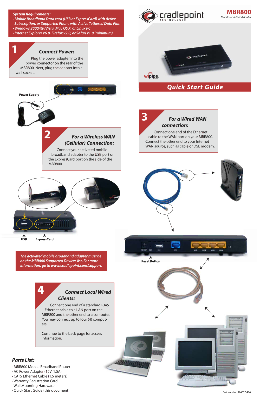 Cradlepoint MBR800 warranty Connection, Clients, Parts List 