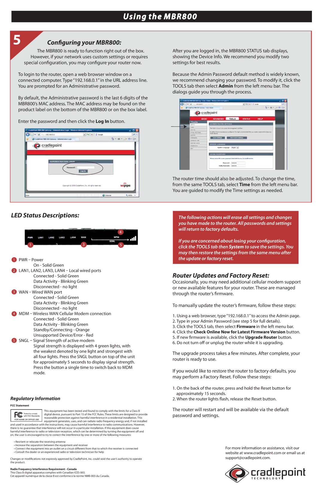 Cradlepoint warranty Conguring your MBR800, LED Status Descriptions, Router Updates and Factory Reset, FCC Statement 