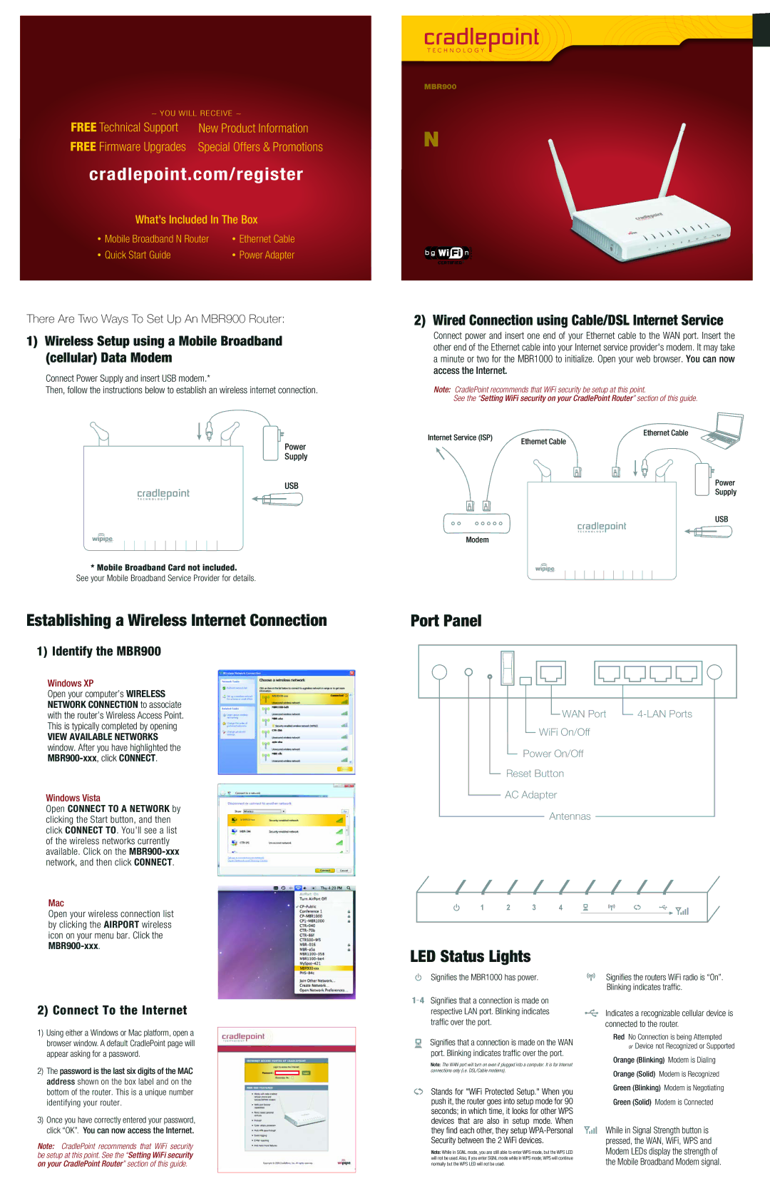 Cradlepoint MBR900 quick start Establishing a Wireless Internet Connection, Port Panel, LED Status Lights 