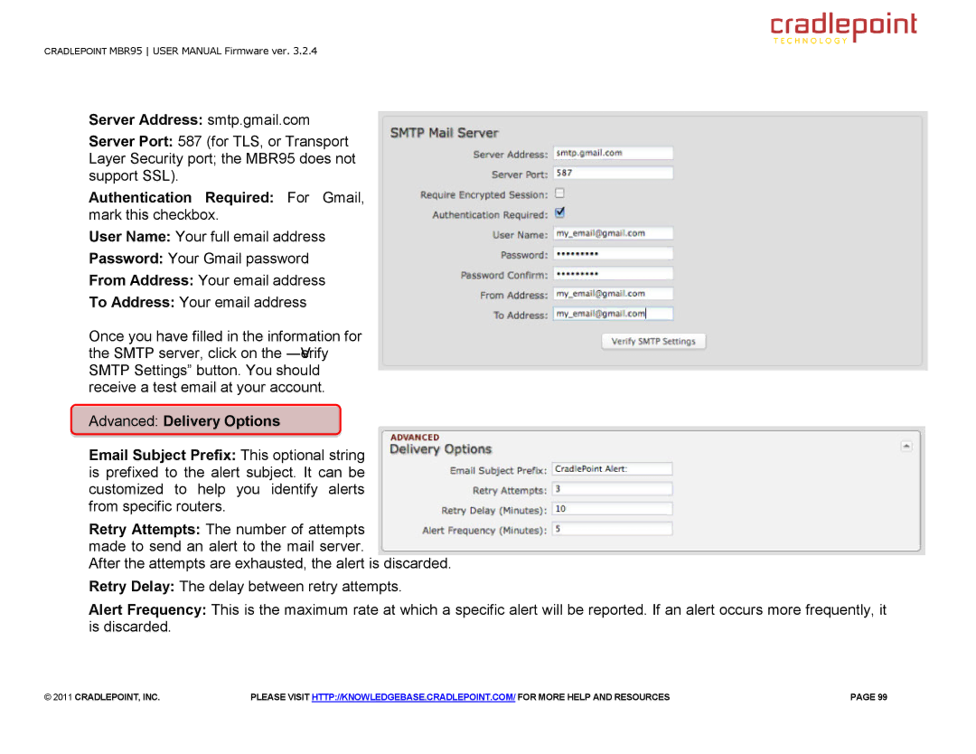 Cradlepoint MBR95 manual Server Address smtp.gmail.com, Authentication Required For Gmail, mark this checkbox 