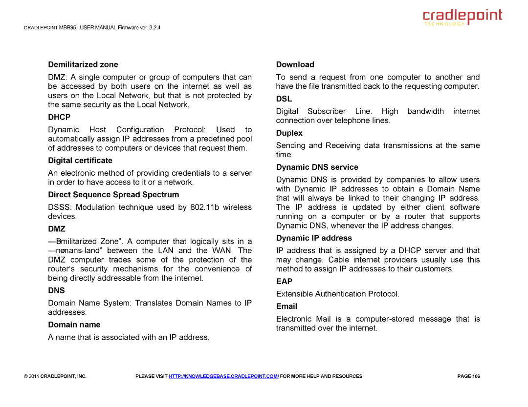 Cradlepoint MBR95 manual Dhcp, Dmz, Dns, Dsl, Eap 