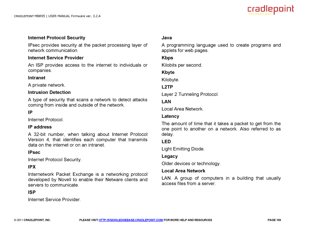 Cradlepoint MBR95 manual Ipx, Isp, L2TP, Lan, Led 