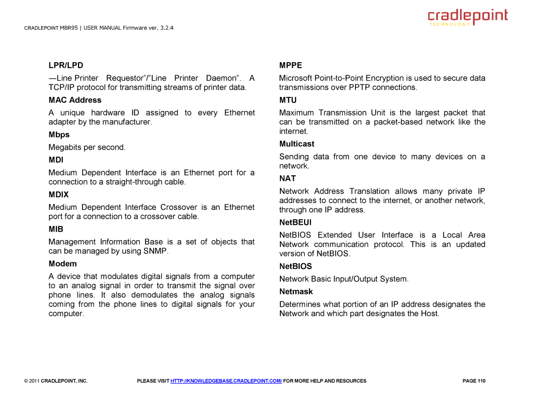 Cradlepoint MBR95 manual Lpr/Lpd, Mdix, Mib, Mppe, Mtu, Nat 