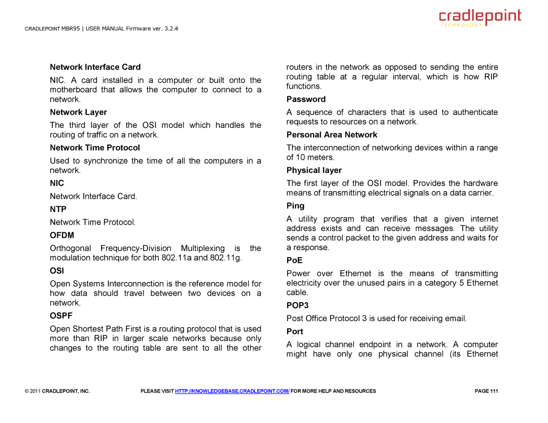 Cradlepoint MBR95 manual Nic, Ntp, Ofdm, Osi, Ospf, POP3 