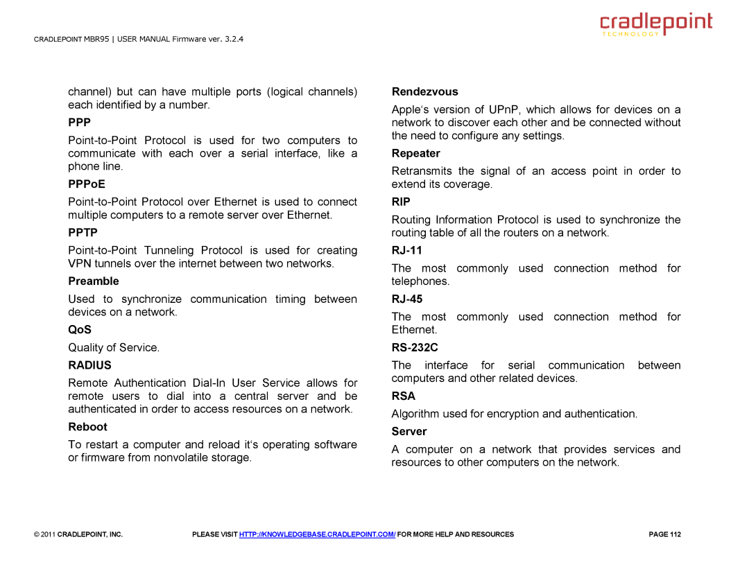 Cradlepoint MBR95 manual Ppp, Pptp, Radius, Rip, Rsa 