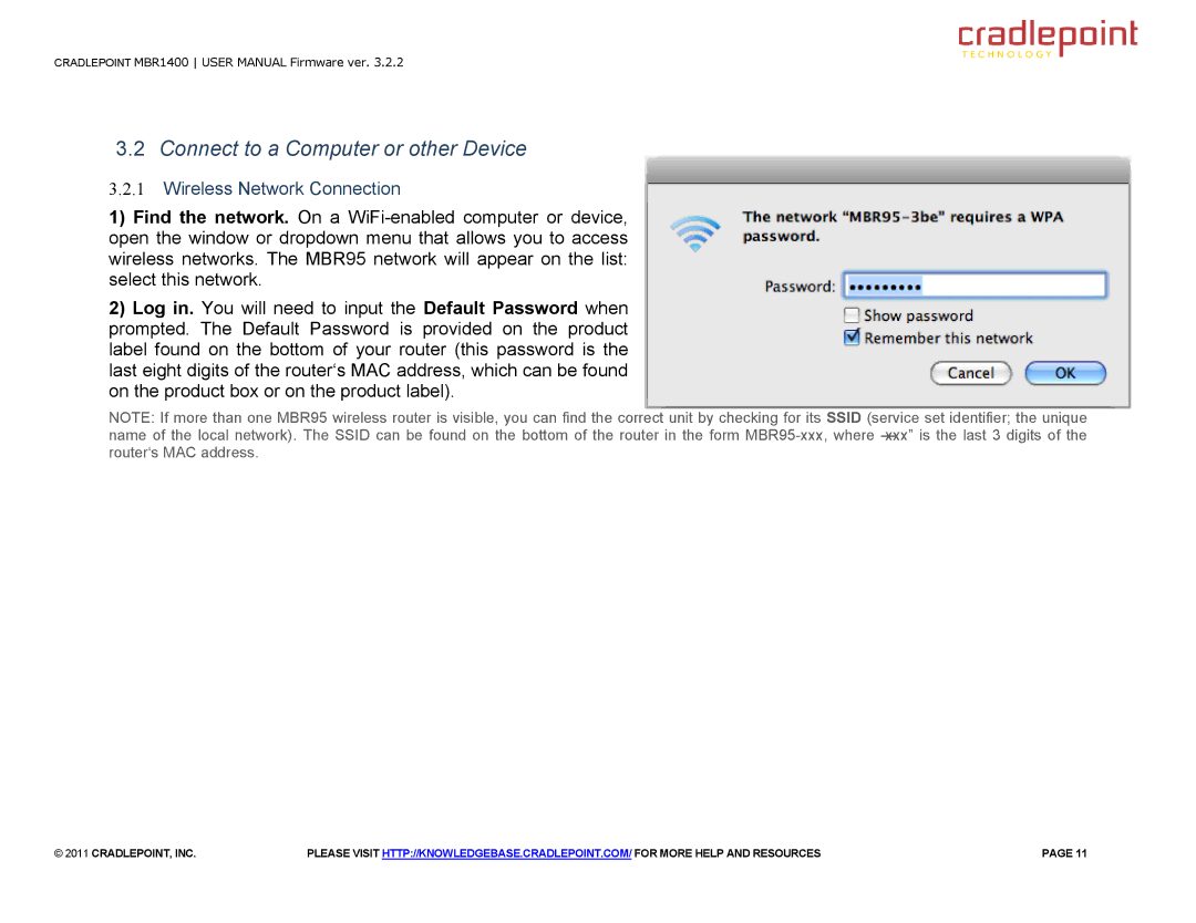 Cradlepoint MBR95 manual Connect to a Computer or other Device, Wireless Network Connection 